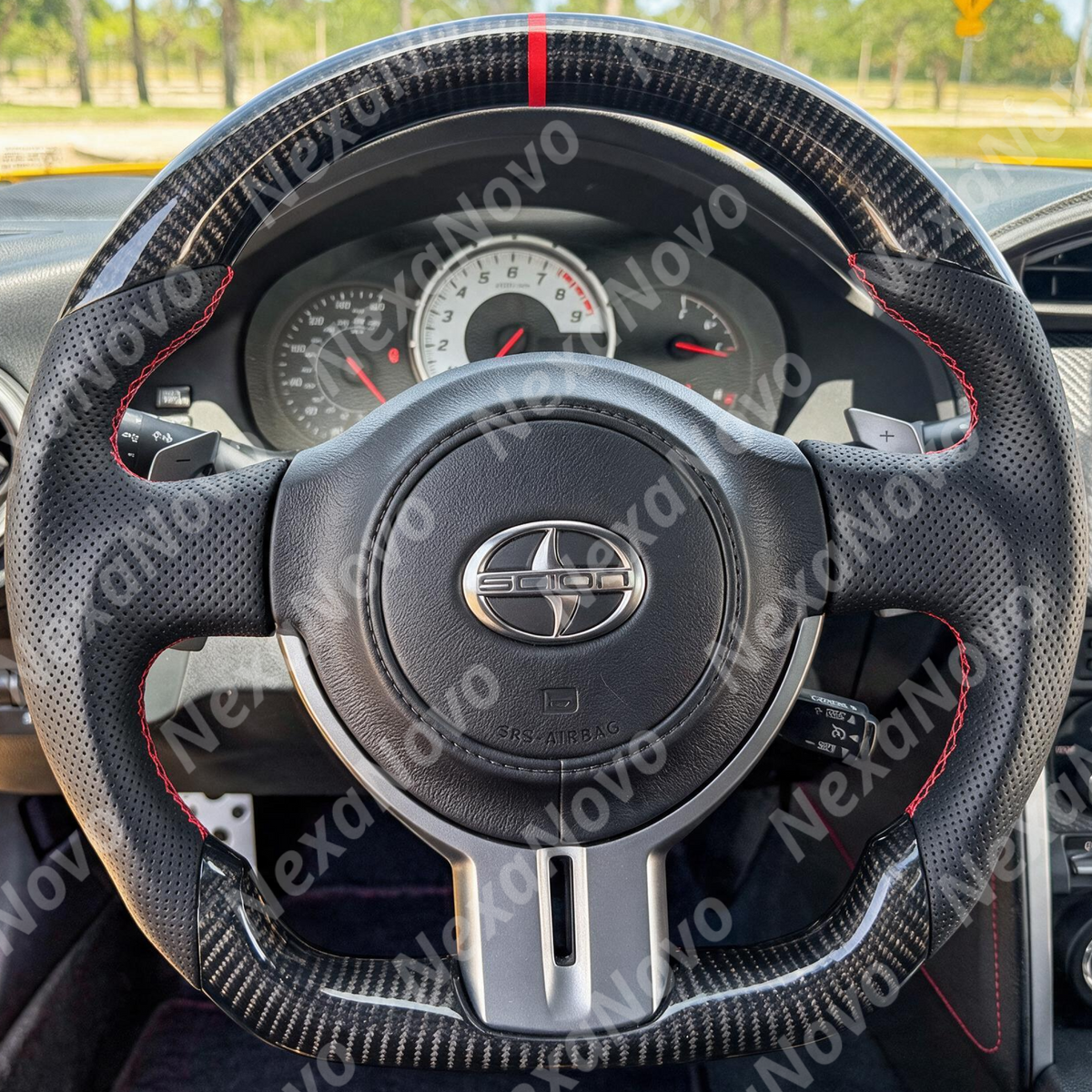 2013-2016 Scion FR-S / Subaru BRZ Carbon Fiber Perforated Leather Steering Wheel _Red Stripe & Red Stitching