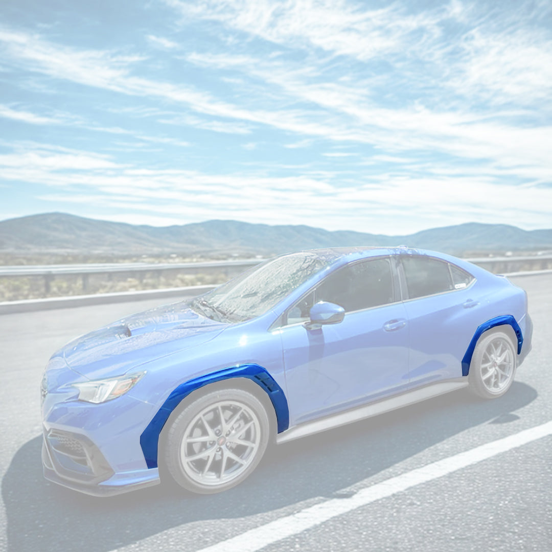 Close-up of a Nexanovo K7X WR Blue Pearl fender flare on a Subaru VB WRX