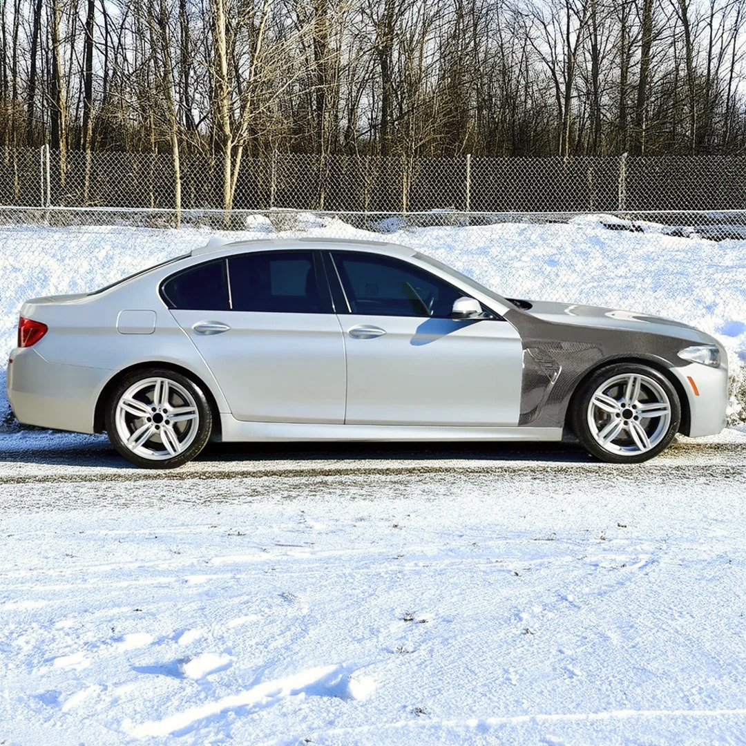 Precision fitment of NexaNovo real carbon fiber fender on 2013 BMW F10