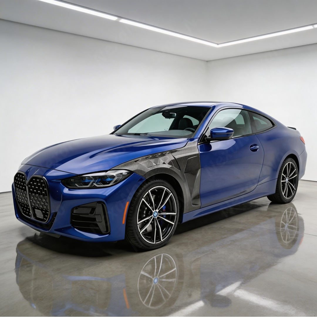 Direct side profile of the NexaNovo authentic carbon fiber fender trim for 2021-2024 BMW 4 Series