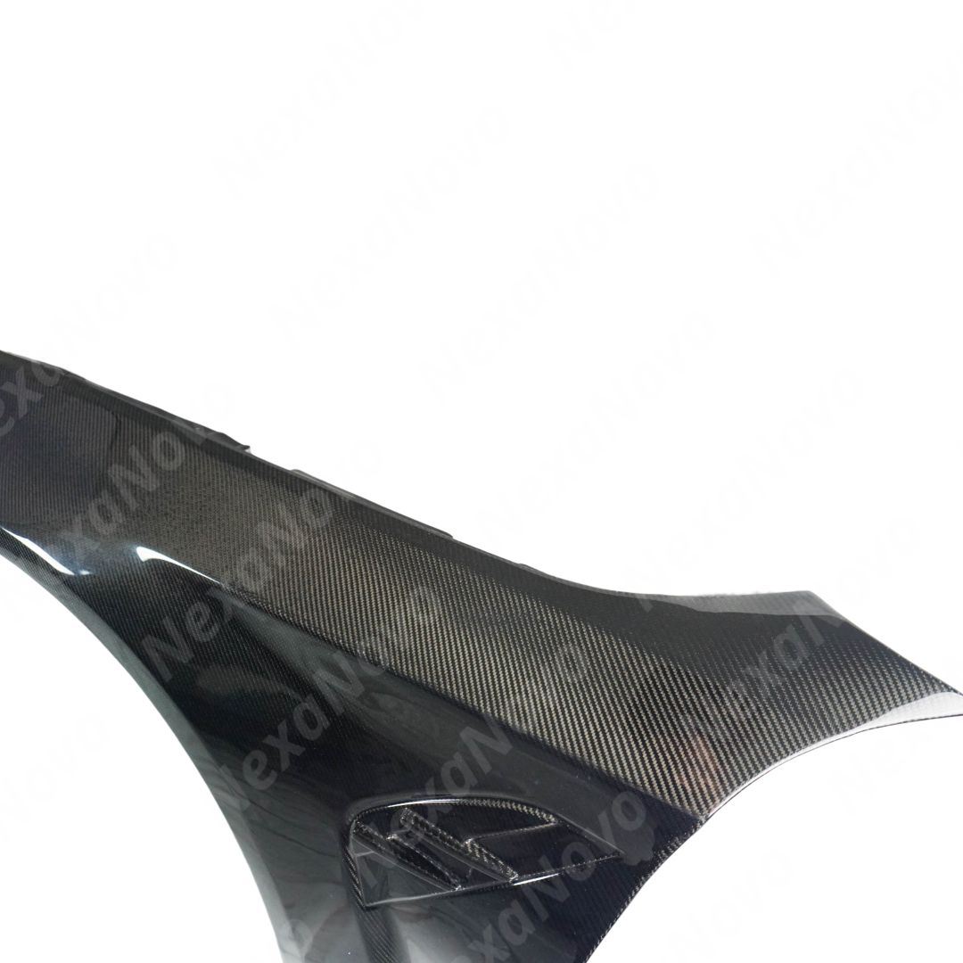 Rear view of uninstalled NexaNovo carbon fiber fender panel showing mounting points