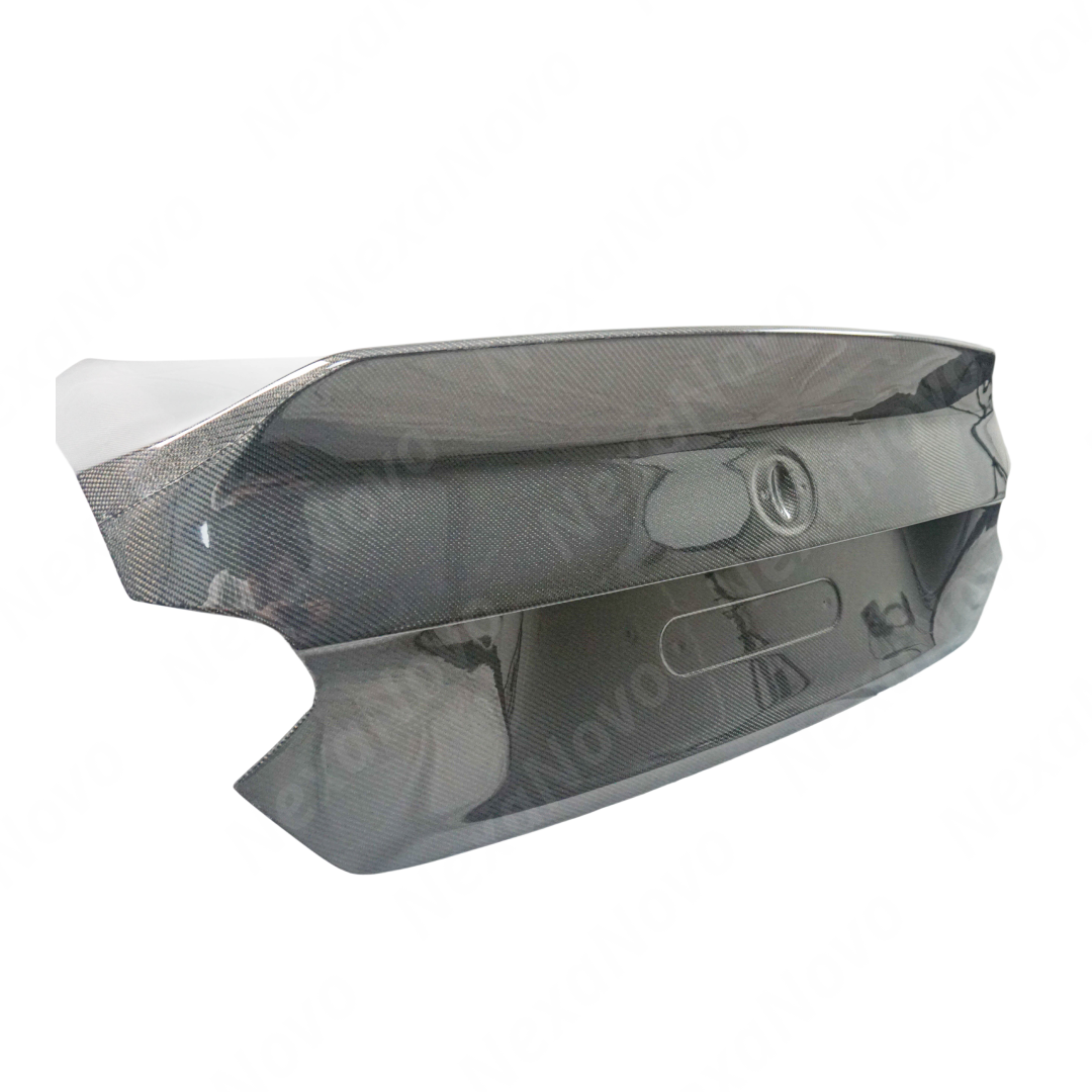 Low angle view emphasizing the NexaNovo carbon fiber trunk lid on G42