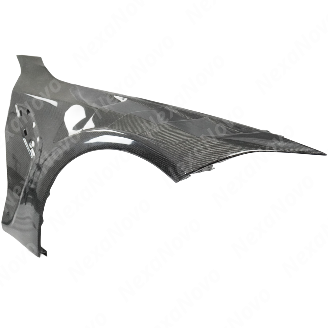Uninstalled NexaNovo real carbon fiber front side vented fender, top view