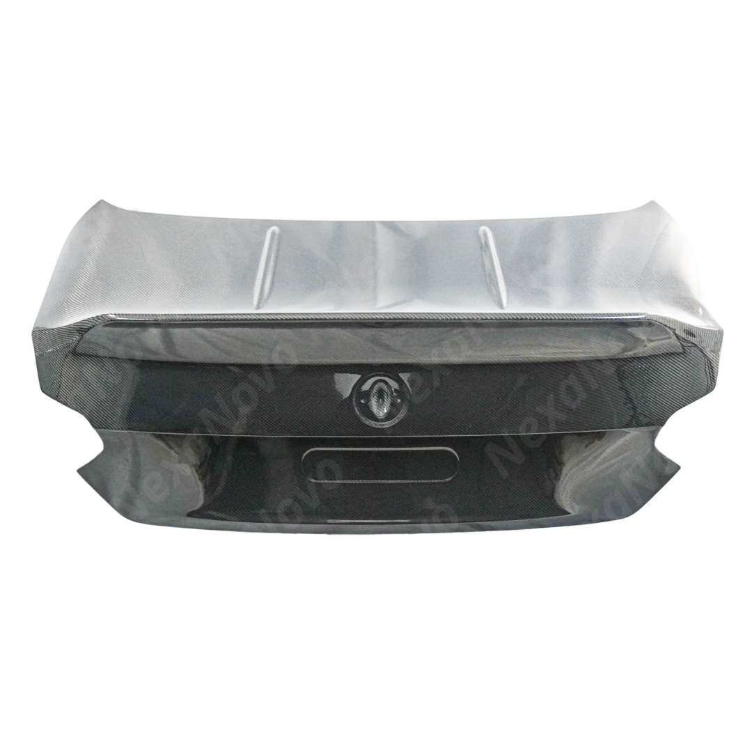 Full rear view of a 2024 BMW G87 M2 with new NexaNovo carbon fiber trunk lid