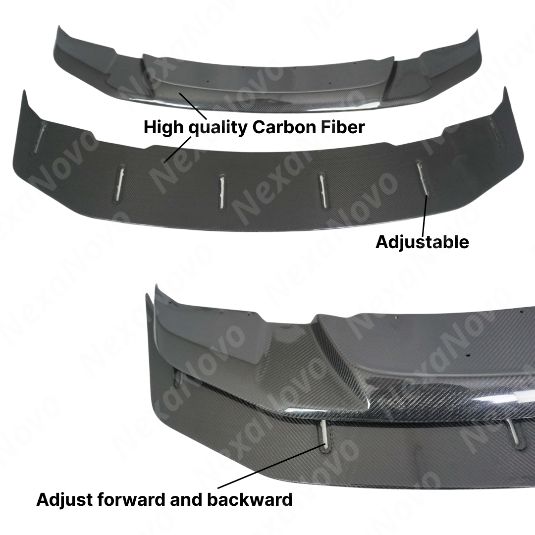 NexaNovo real carbon fiber GTS style front splitter lip kit installed on a BMW M3/M4, giving it a more aggressive, track-inspired look