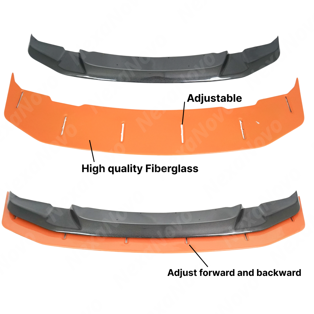 The uninstalled NexaNovo real carbon fiber GTS style front splitter lip bumper car kit, highlighting the high-gloss finish and precision design