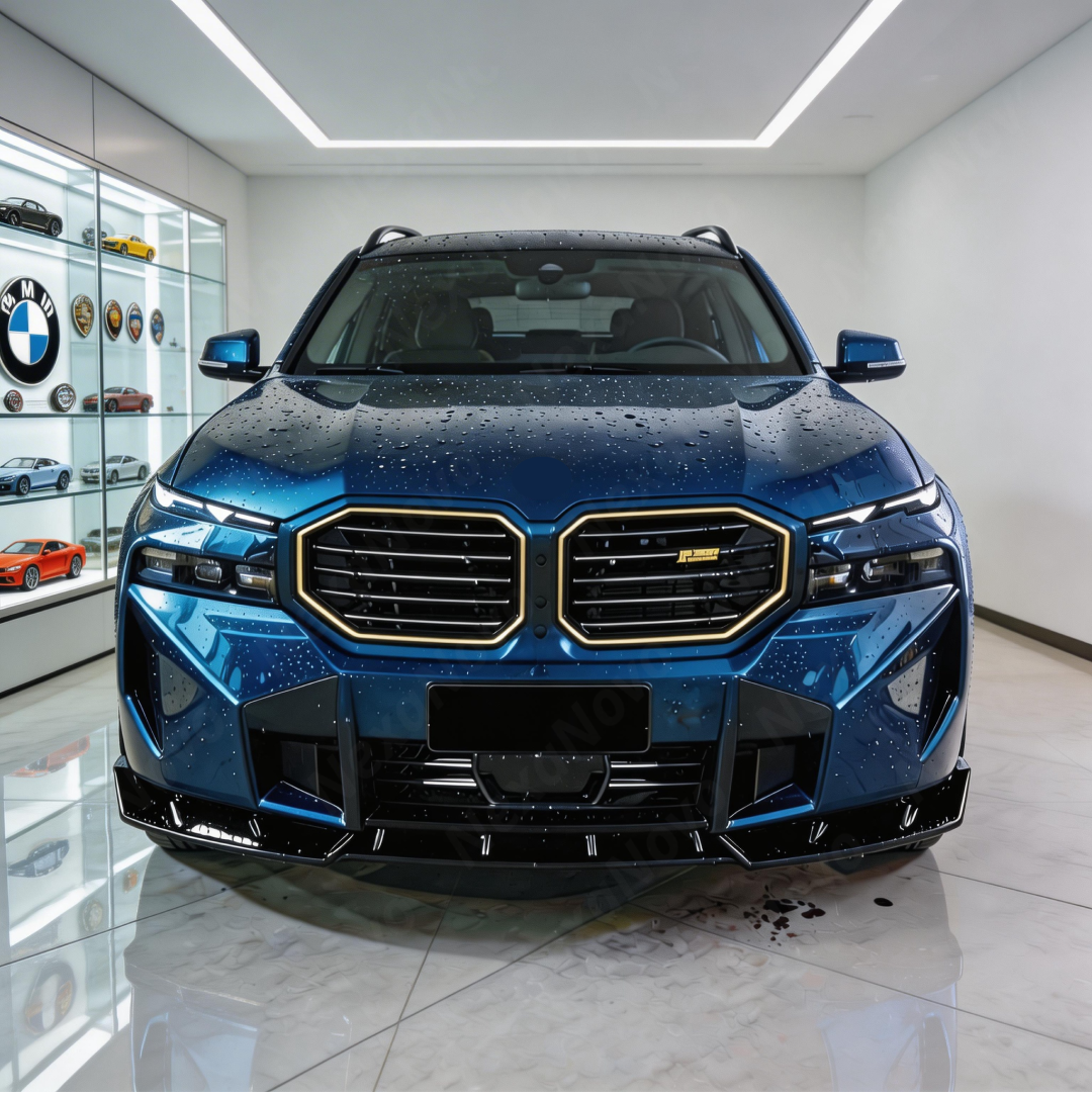 Direct front-facing view of the NexaNovo aerodynamic gloss black splitter for 2023-2026 BMW XM