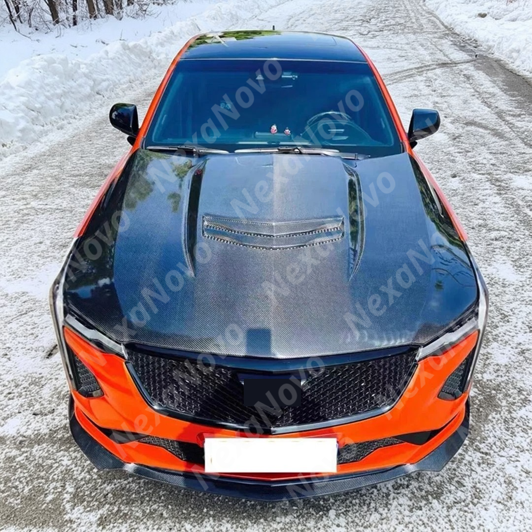 Clean lines of NexaNovo real carbon fiber V style vented engine hood cover on CT4