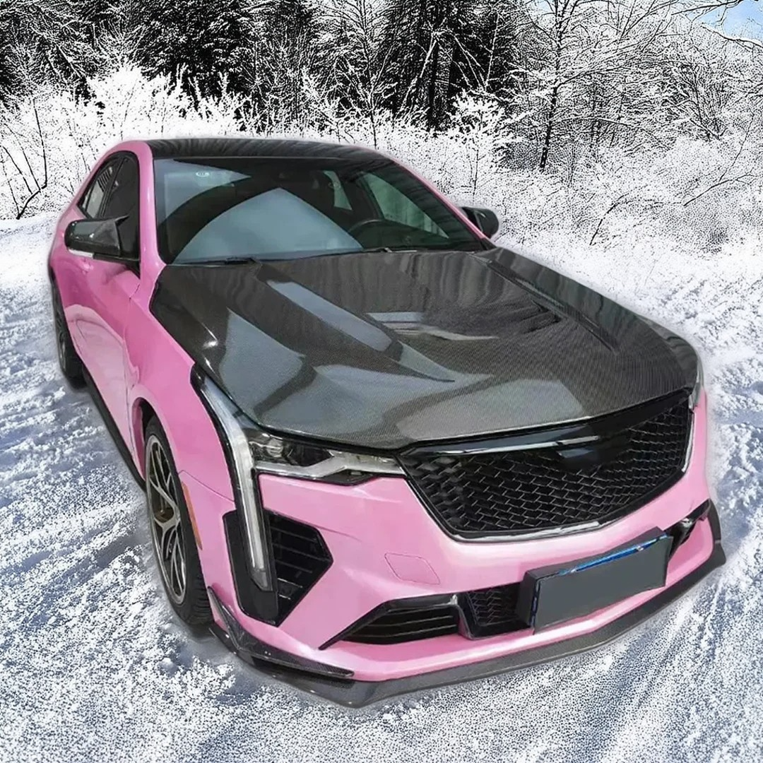 NexaNovo carbon fiber hood cover on a grey Cadillac CT4-V