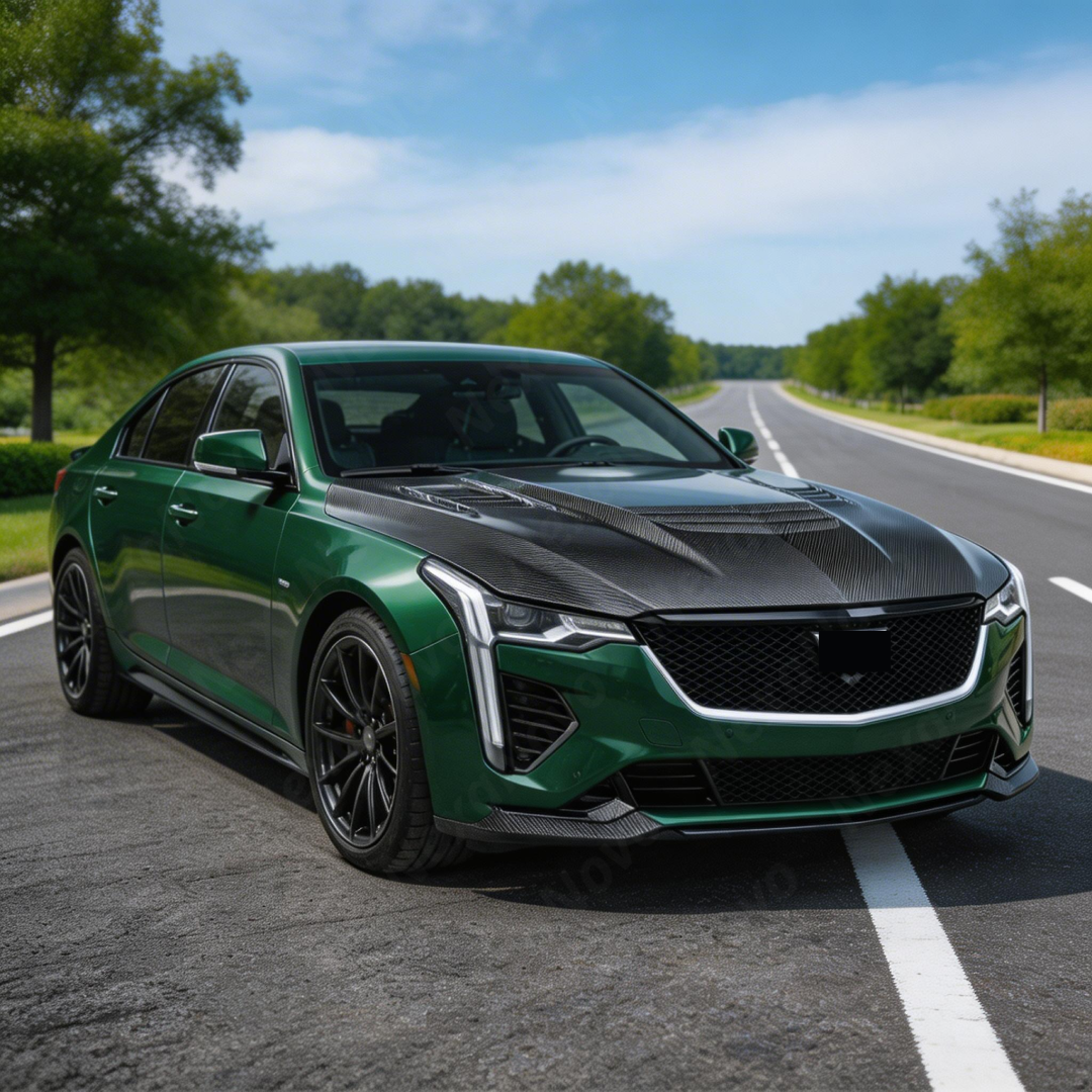 NexaNovo CT style real carbon fiber front hood installed on a 2020 Cadillac CT5