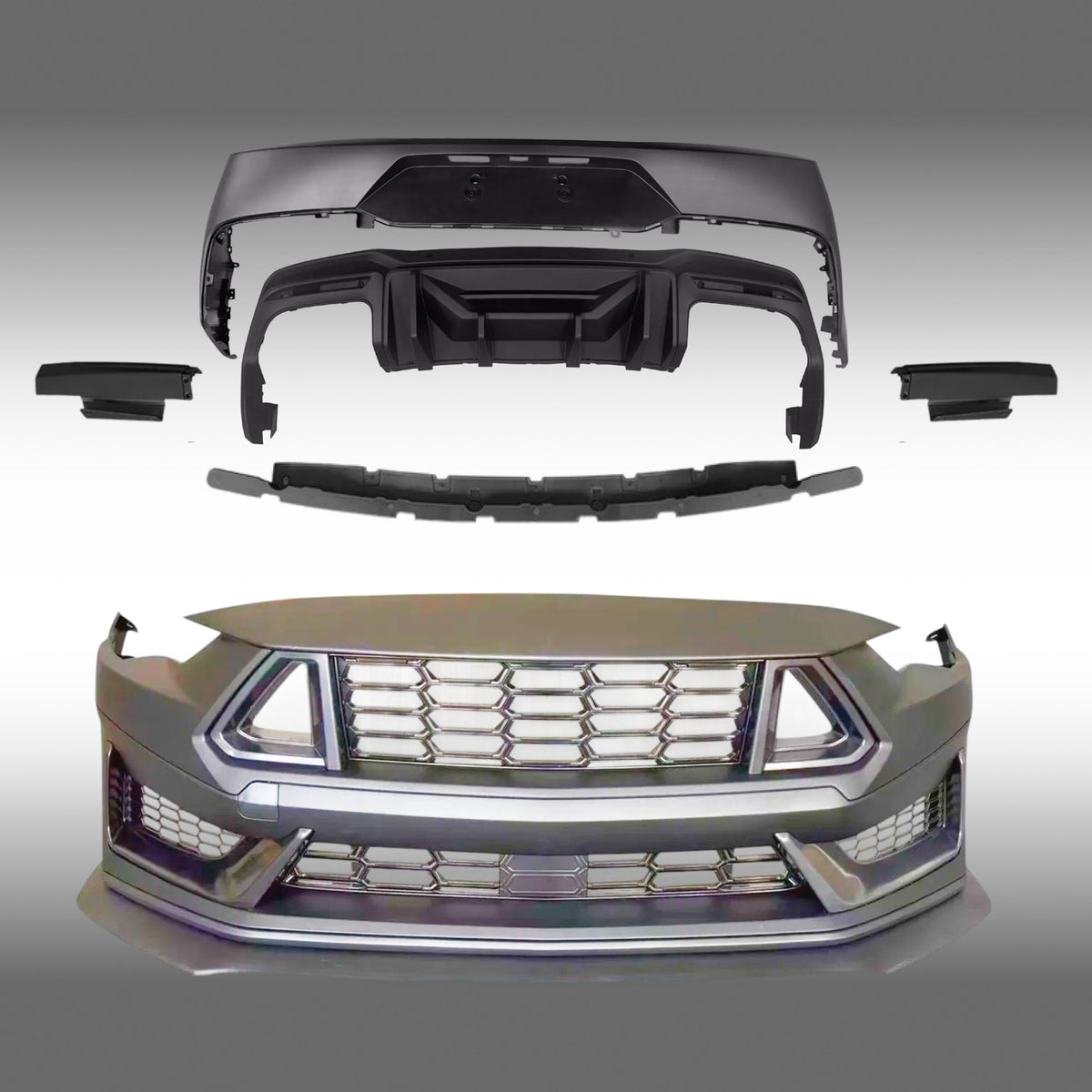 High-Quality Front Bumper Cover with Grilles and Rear Bumper Diffuser for Mustang Dark Horse 2024. NexaNovo.