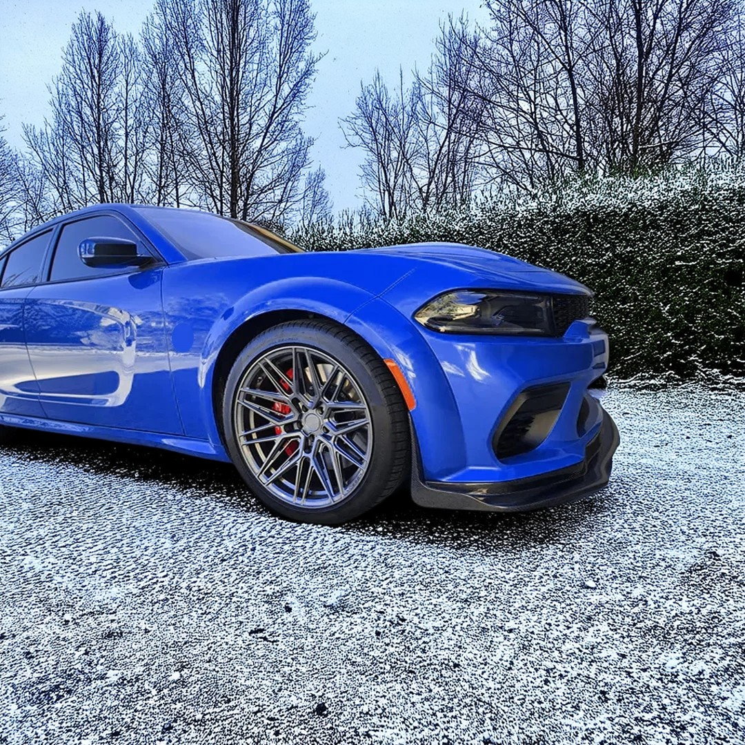 Sleek NexaNovo H style front splitter kit installed on a Dodge Charger SRT