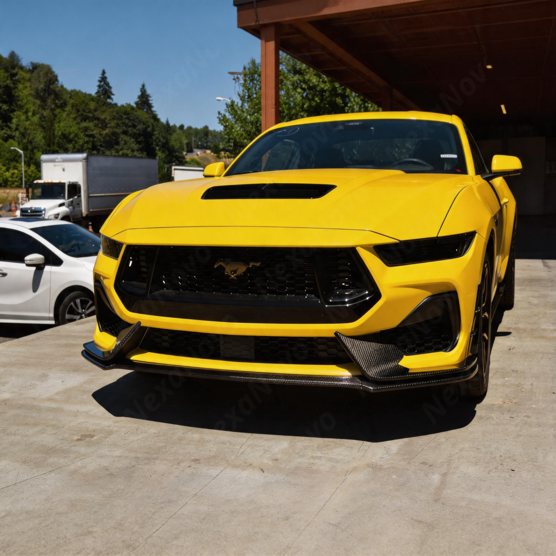 Direct front view highlighting the low-slung, track-ready stance of the NexaNovo carbon splitter
