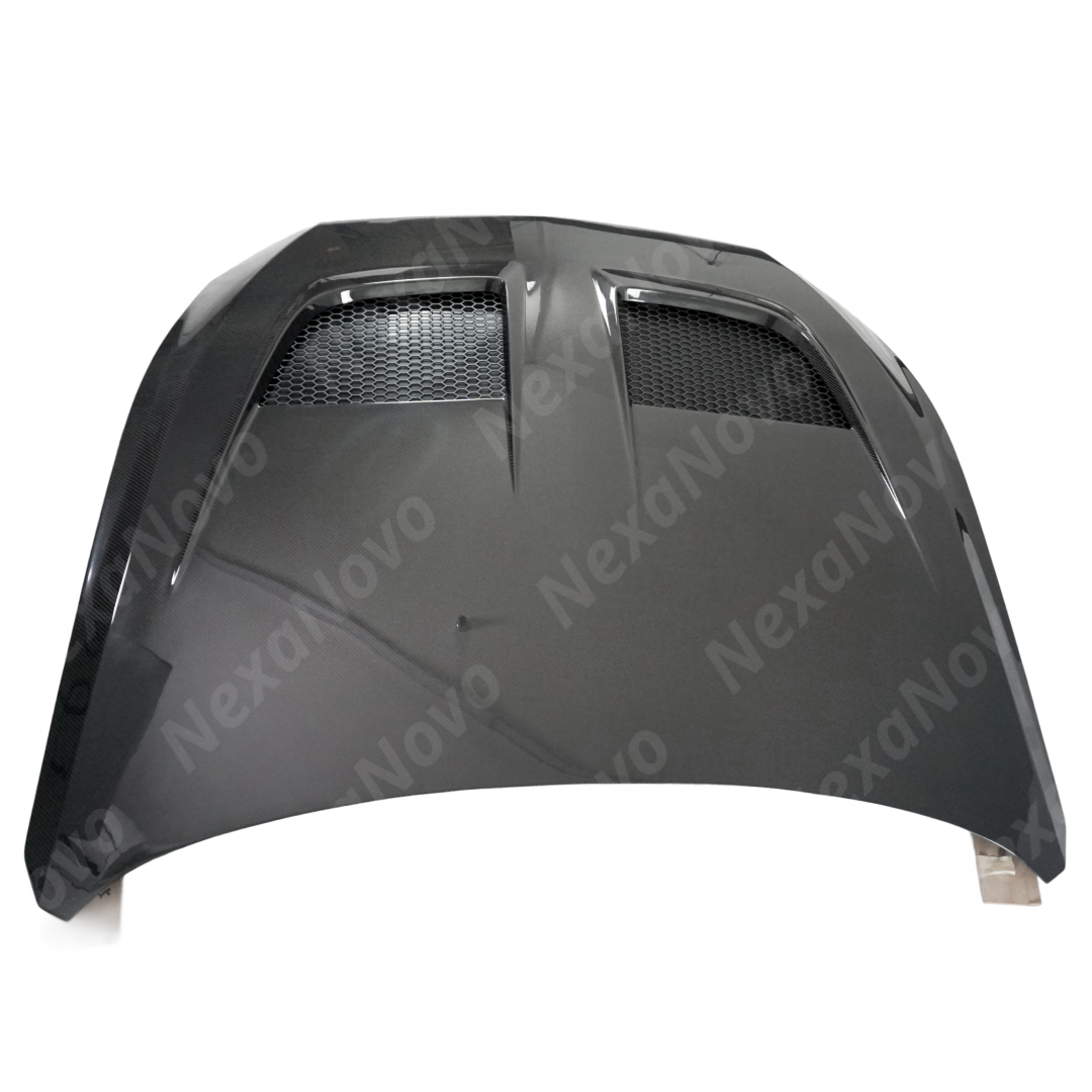 High-gloss NexaNovo carbon fiber GTD style vented hood for Ford Mustang 2024-2026