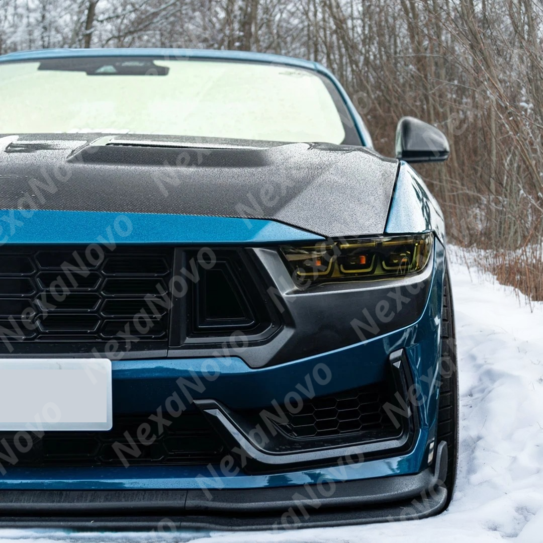 Full front view of a 2026 Ford Mustang with new NexaNovo vented hood