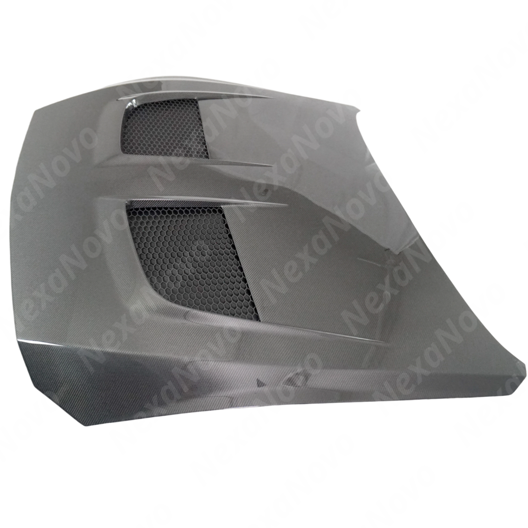 NexaNovo carbon fiber hood integrated on a black Ford Mustang