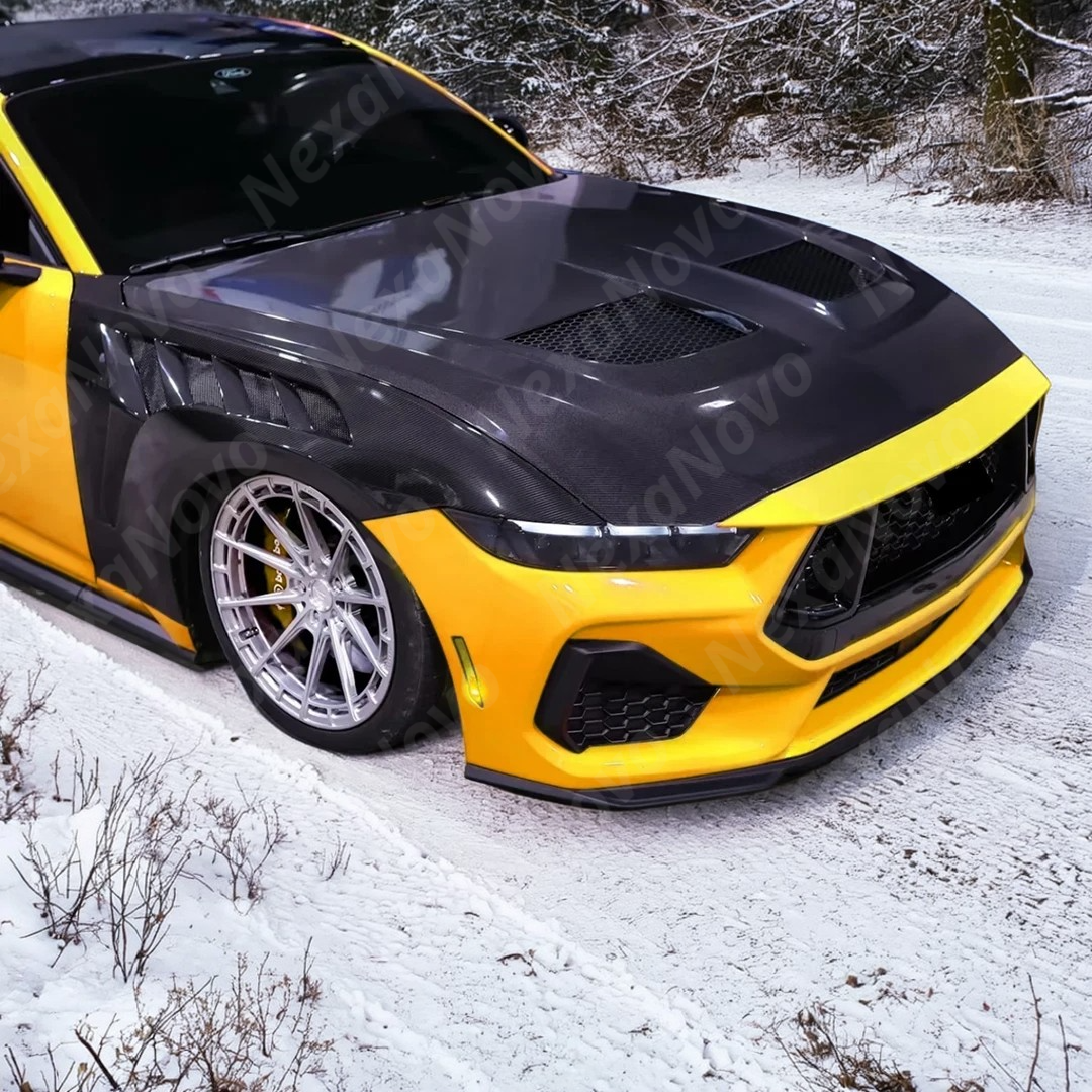 NexaNovo real carbon fiber GTD style vented hood on a white Ford Mustang