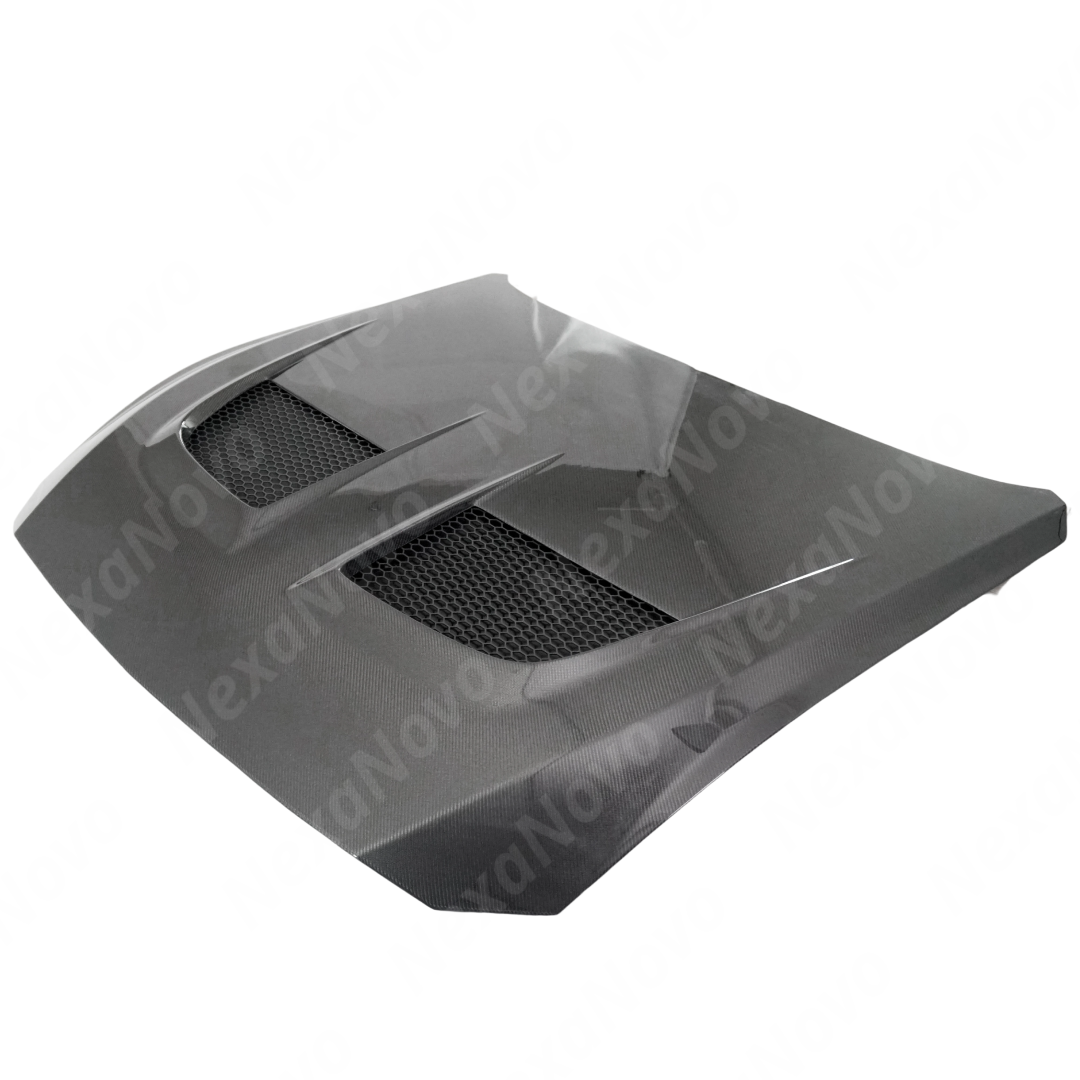 Uninstalled NexaNovo real carbon fiber GTD style front engine vented hood, top view