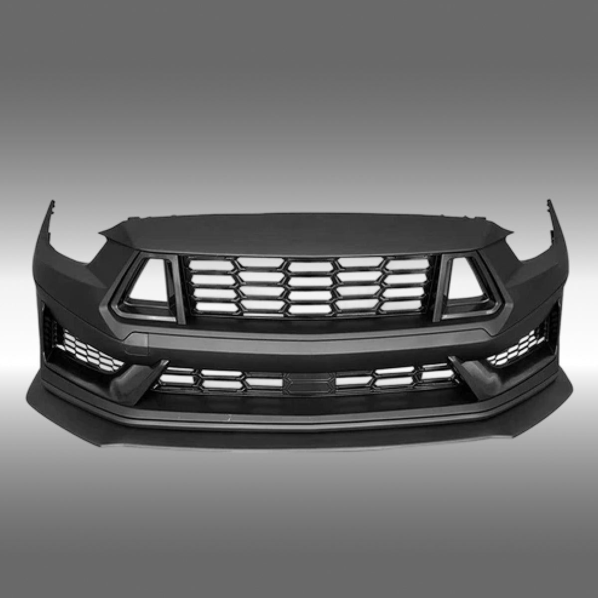 NexaNovo Dark Horse style front bumper cover fascia, upper and lower grilles, and lip body kits on a 2015 Ford Mustang