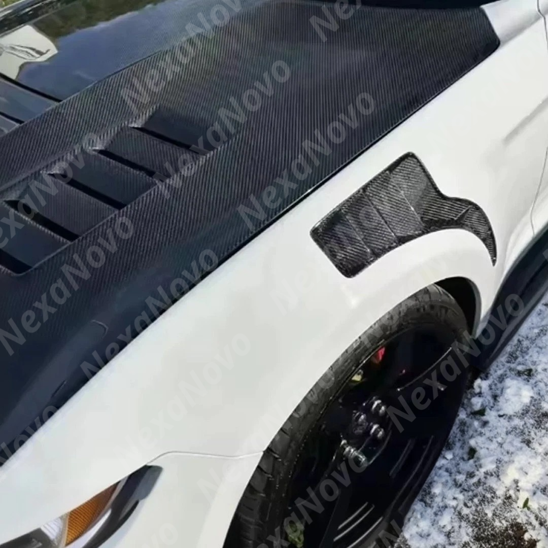 NexaNovo GT500 style carbon fiber trim integrated on a black Ford Mustang