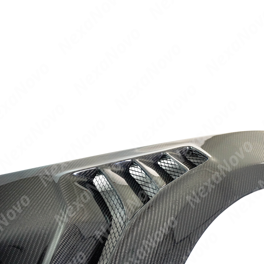NexaNovo real carbon fiber GT500 style fender vent trim on a white Mustang