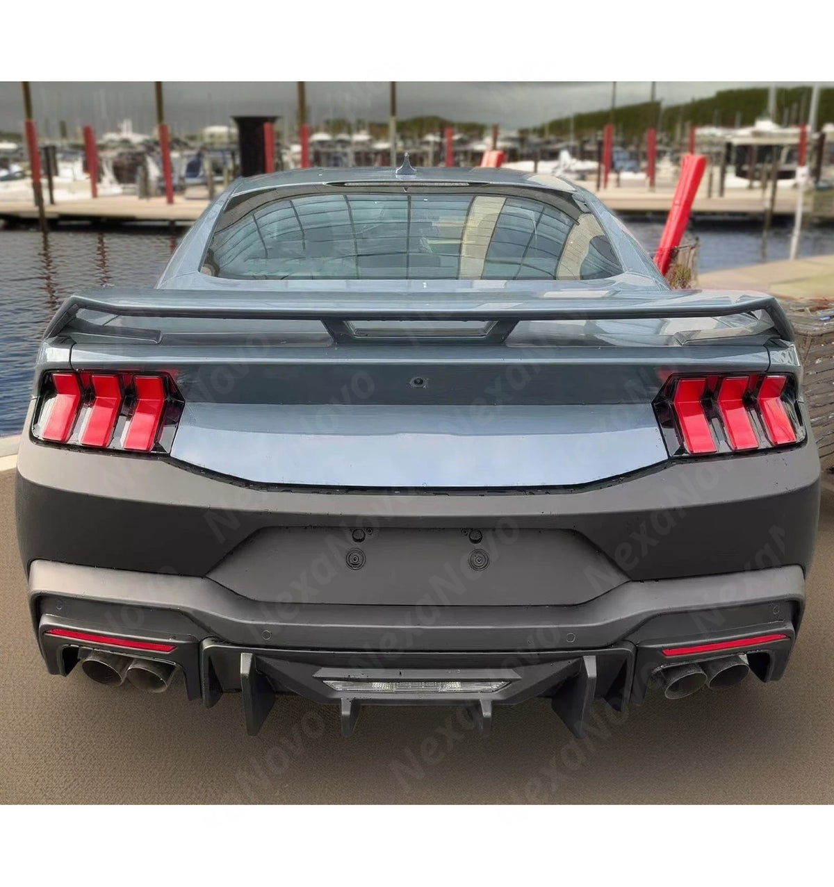Competition style matte black rear primed bumper for Ford Mustang EcoBoost Coupe 2-Door 2024, 2025 by NexaNovo.