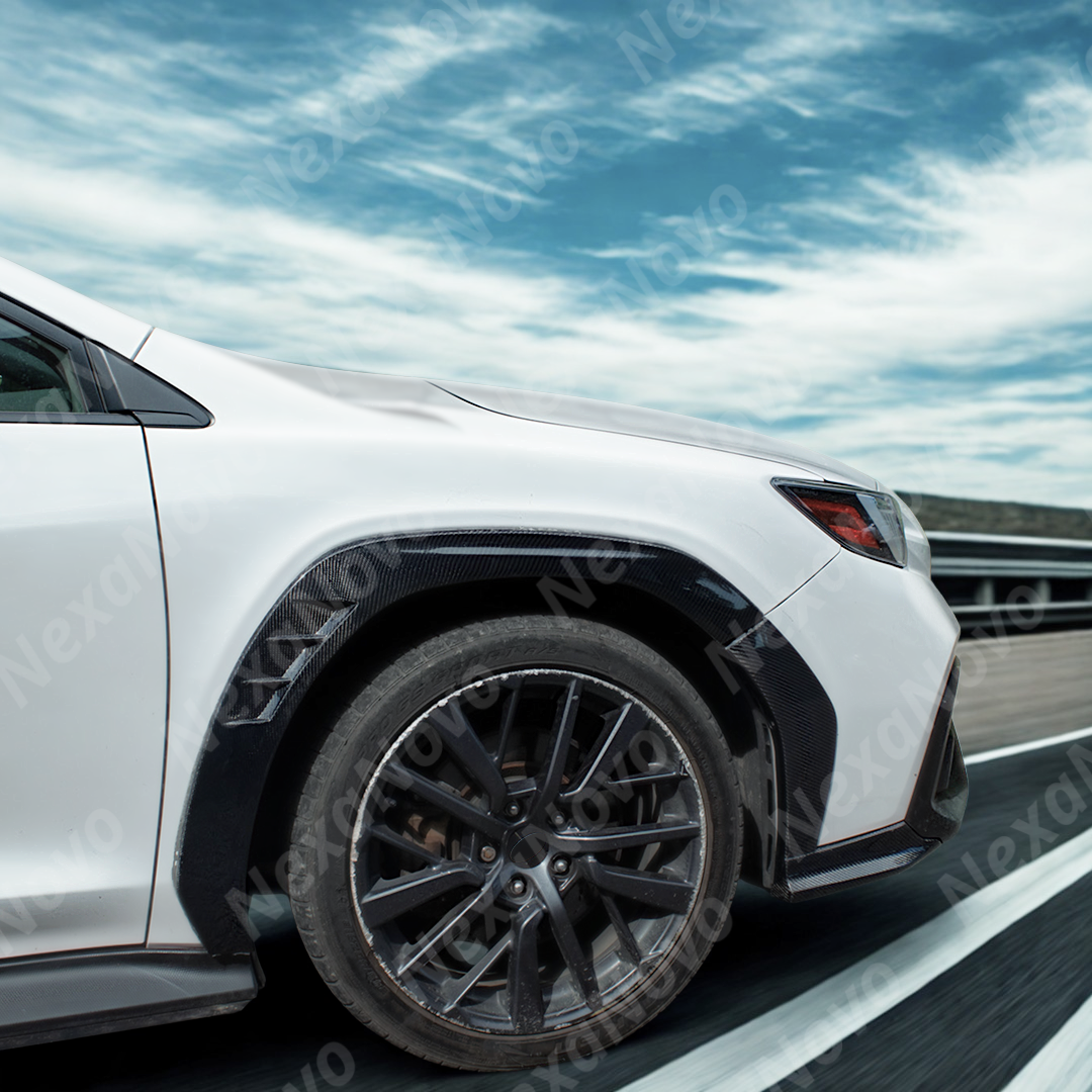 High-gloss NexaNovo carbon fiber wheel arch trims for Subaru WRX VB 2021-2025