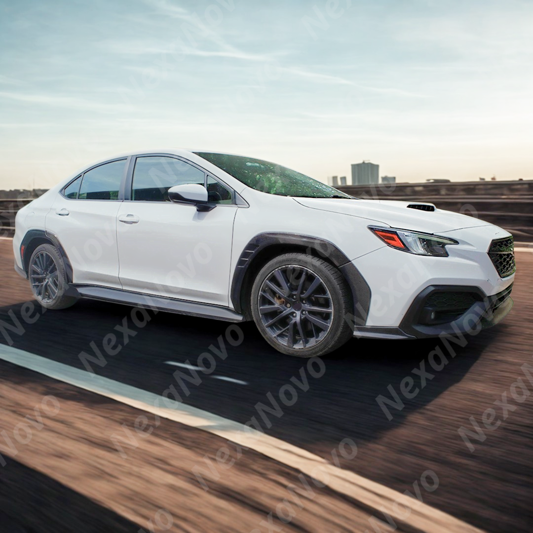 Full side view of a 2022 Subaru WRX VB with new NexaNovo carbon fiber fender trims