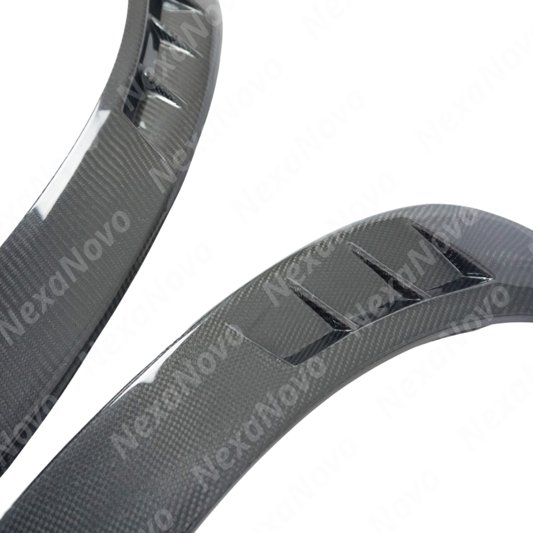 Low angle view emphasizing the NexaNovo carbon fiber fender trims