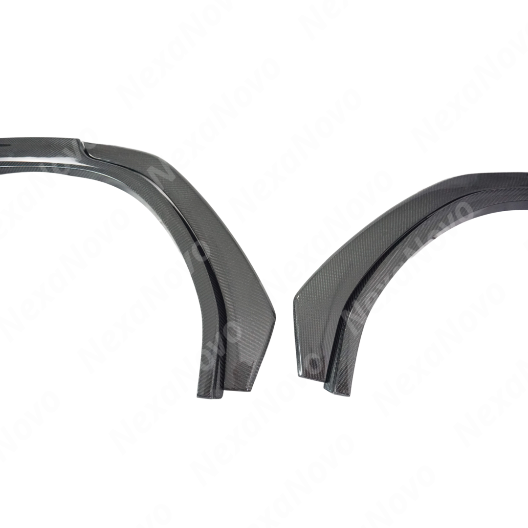 NexaNovo carbon fiber wheel trims integrated on a black Subaru WRX VB