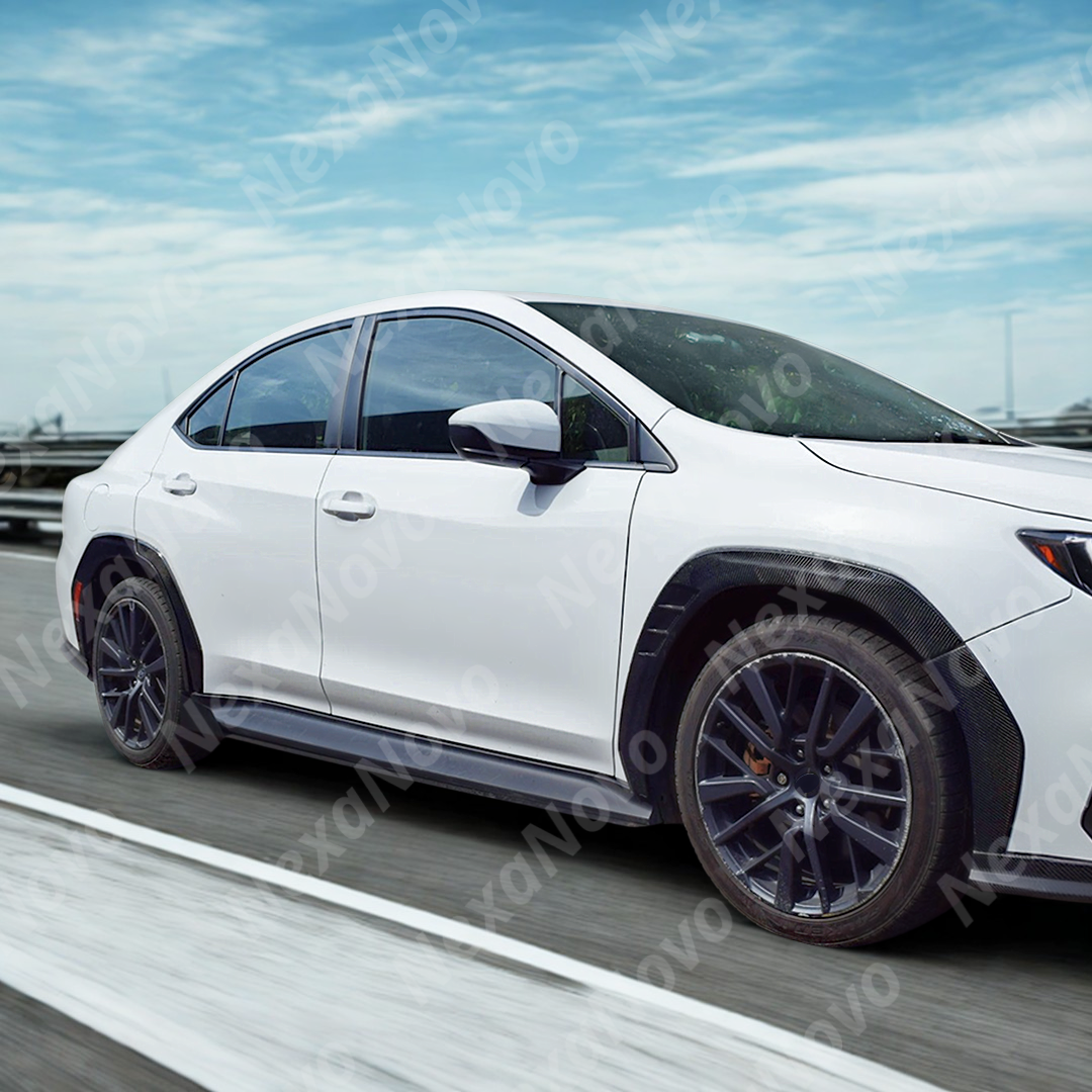 NexaNovo real carbon fiber fender trims on a white Subaru WRX VB