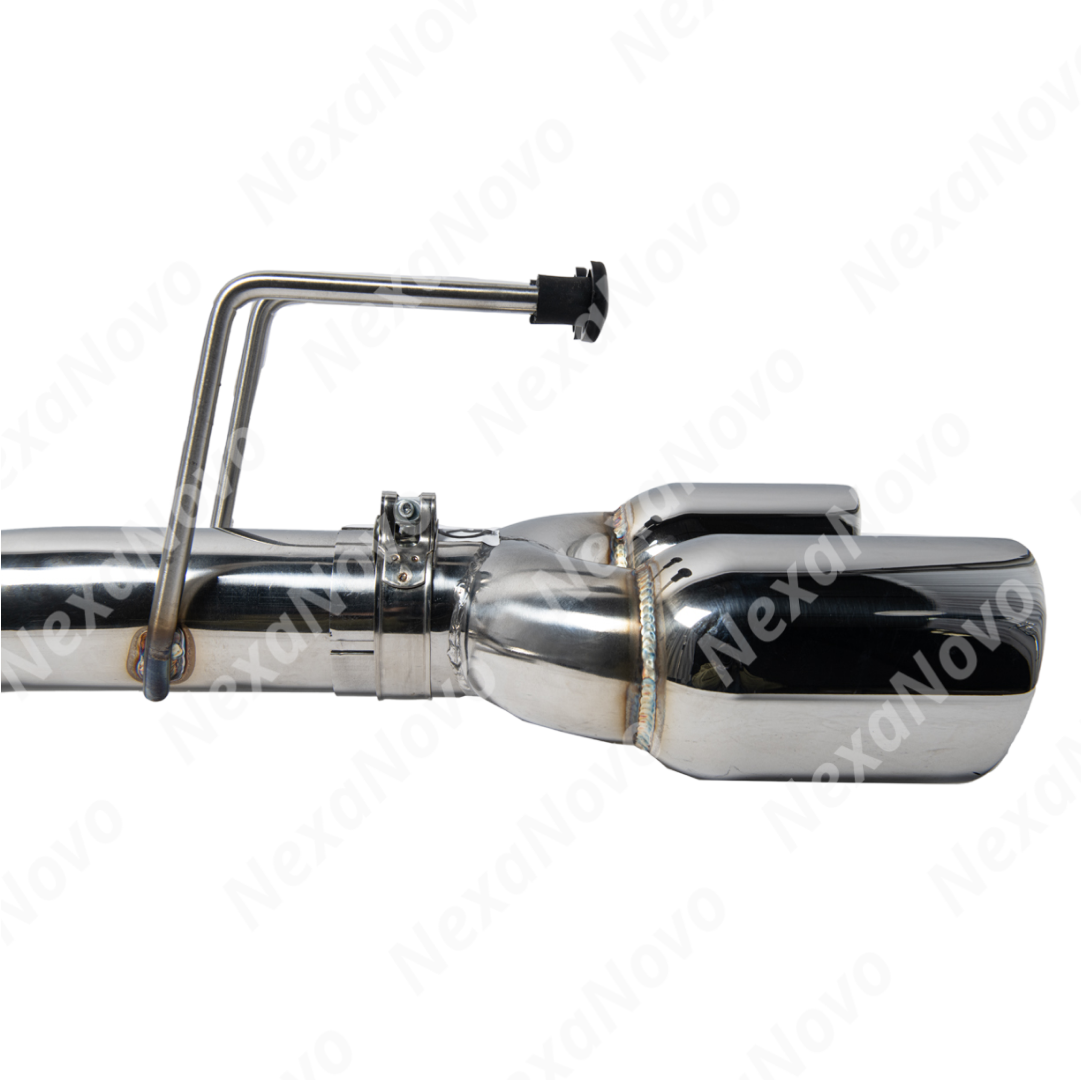 NexaNovo stainless steel quad tips exhaust on a white Acura TLX