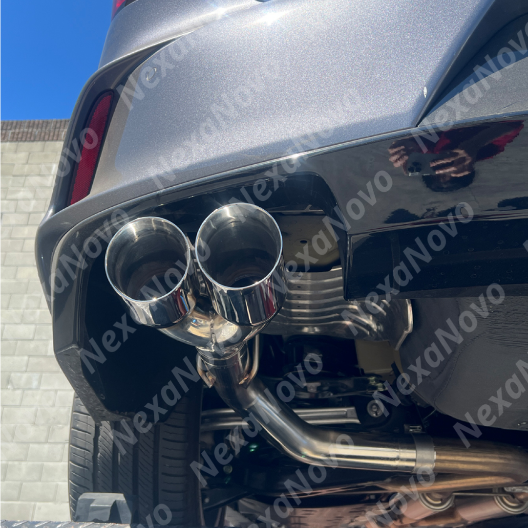 Detailed welds on the NexaNovo stainless steel muffler delete quad tips