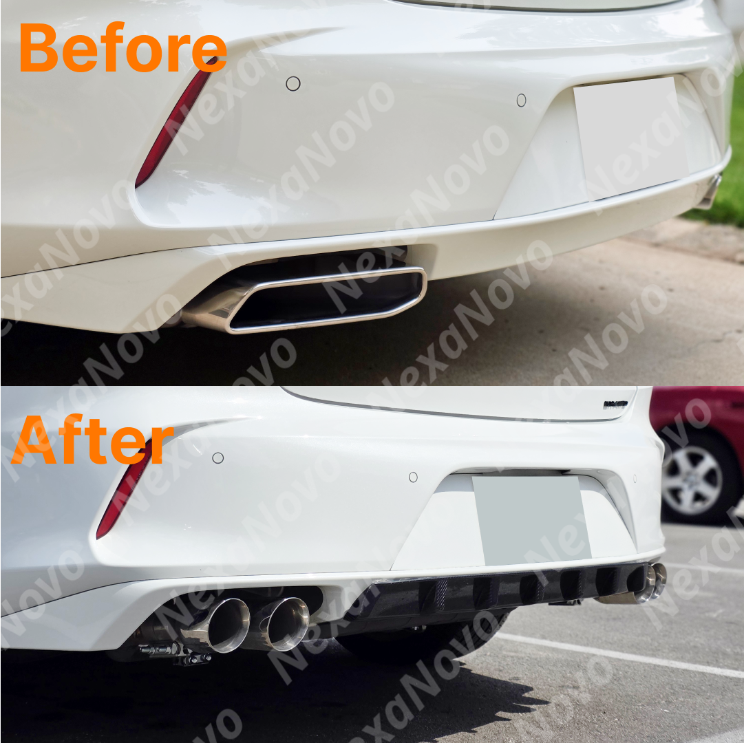 NexaNovo muffler delete quad tips exhaust installation in progress on Acura TLX comparsion