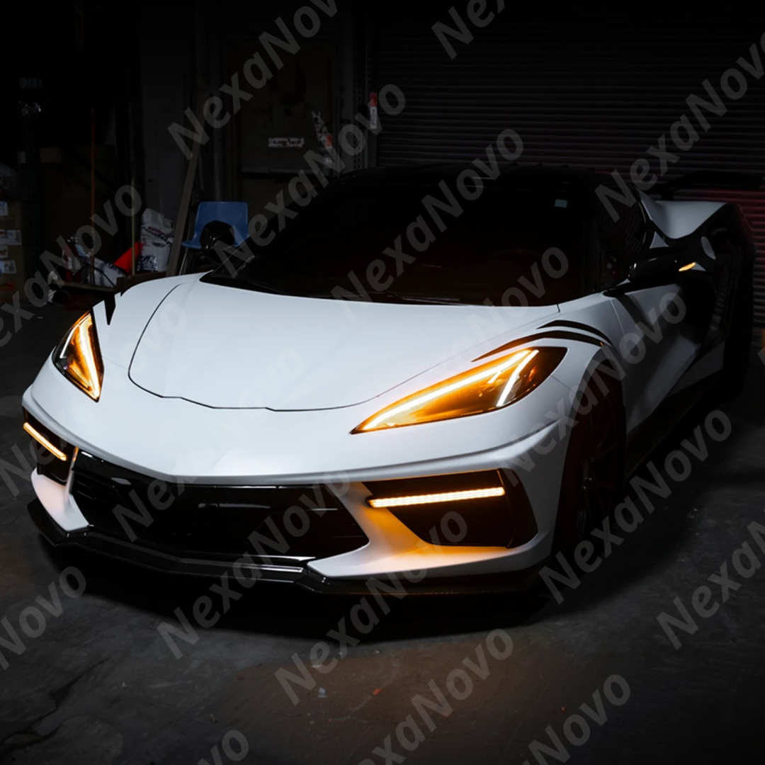 Rear view of the uninstalled NexaNovo carbon fiber LED DRL bezel showing wiring