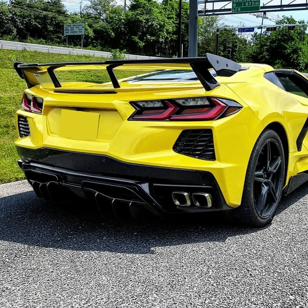 NexaNovo gloss black rear roof lip spoiler wing on a 2020 Chevrolet Corvette C8