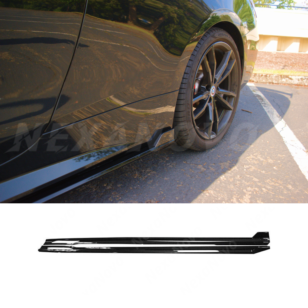 Automobile Exterior Body Kits on a 2021 BMW 4 Series G22 with NexaNovo Gloss Black Side Skirts for enhanced visual appeal.
