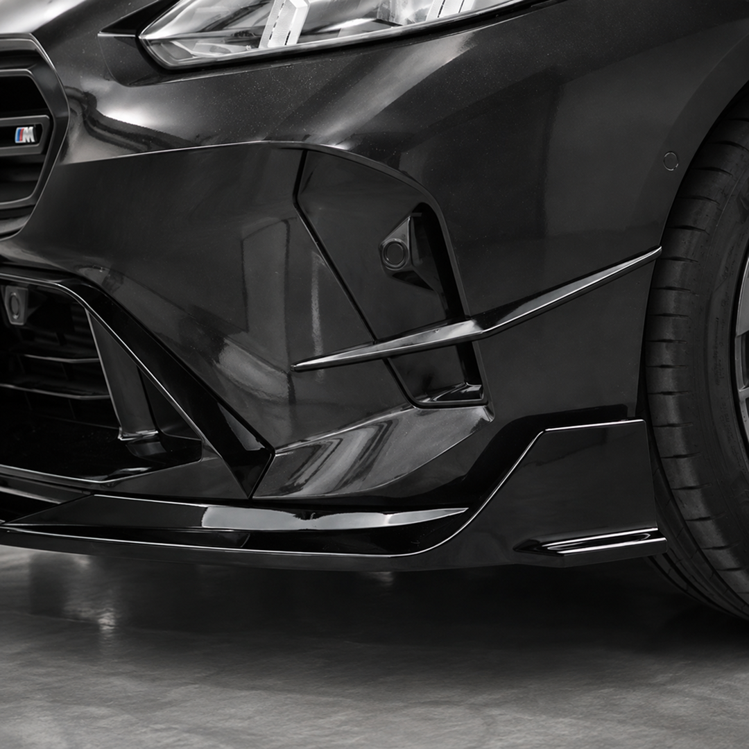 Direct front-facing view highlighting the aggressive corner dive planes by NexaNovo on the F74 front bumper
