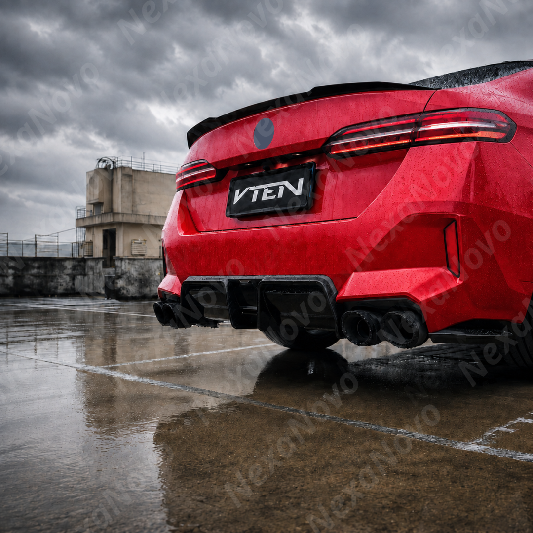 Direct rear view highlighting the aggressive lower fin layout and exhaust cutouts of the NexaNovo diffuser