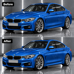 Visual side-by-side comparison between the flatter OEM standard 4-Series rocker panel and the flared M4 style replacement