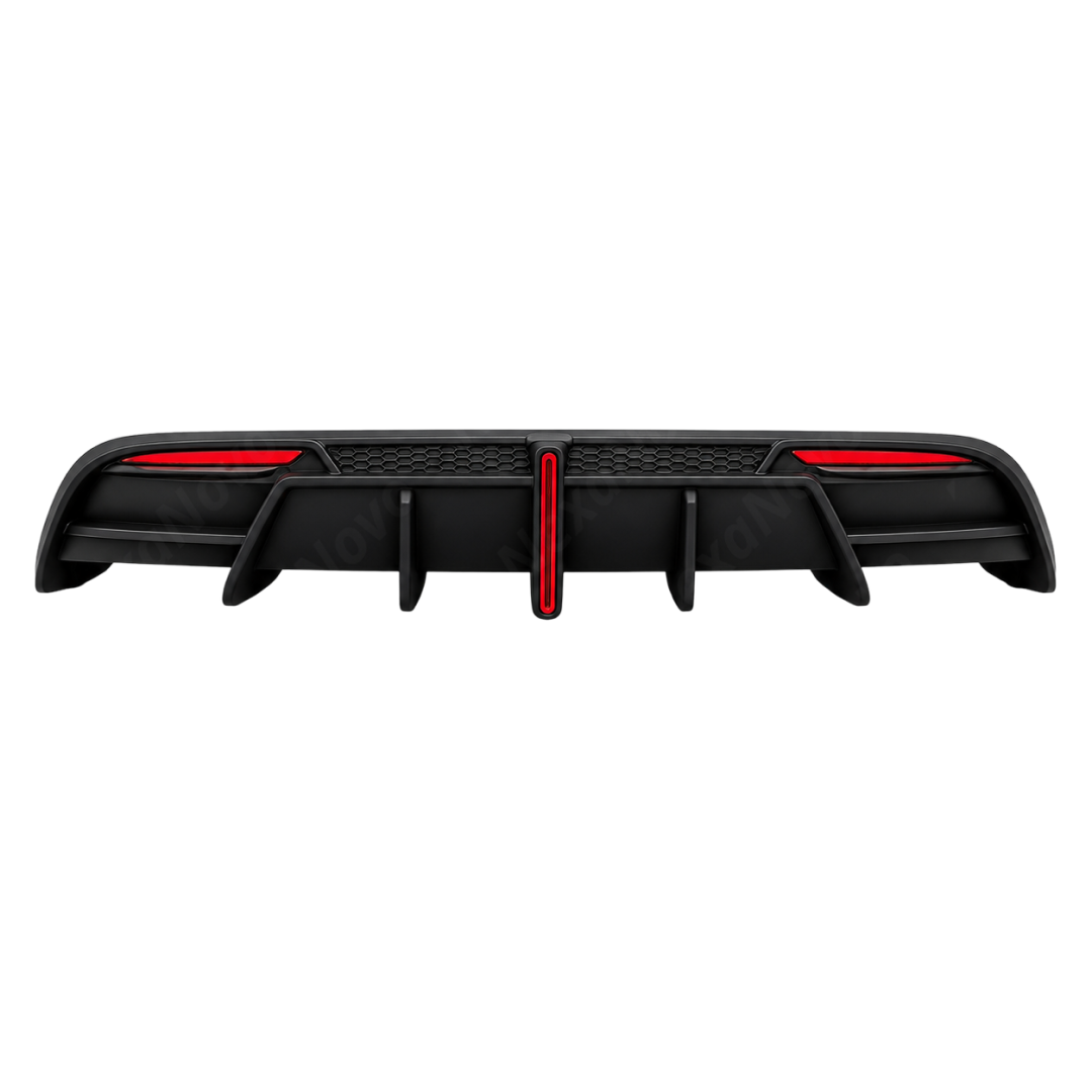 High-gloss black NexaNovo VTEN rear diffuser providing sharp lower contrast on a Pearl White Tesla Model 3