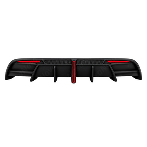 High-gloss black NexaNovo VTEN rear diffuser providing sharp lower contrast on a Pearl White Tesla Model 3