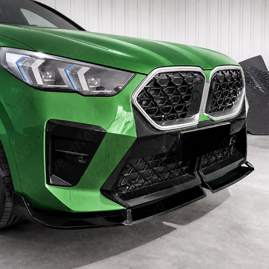 Detailed close-up of the deep mirror-finish gloss black clear coat on the NexaNovo front lip