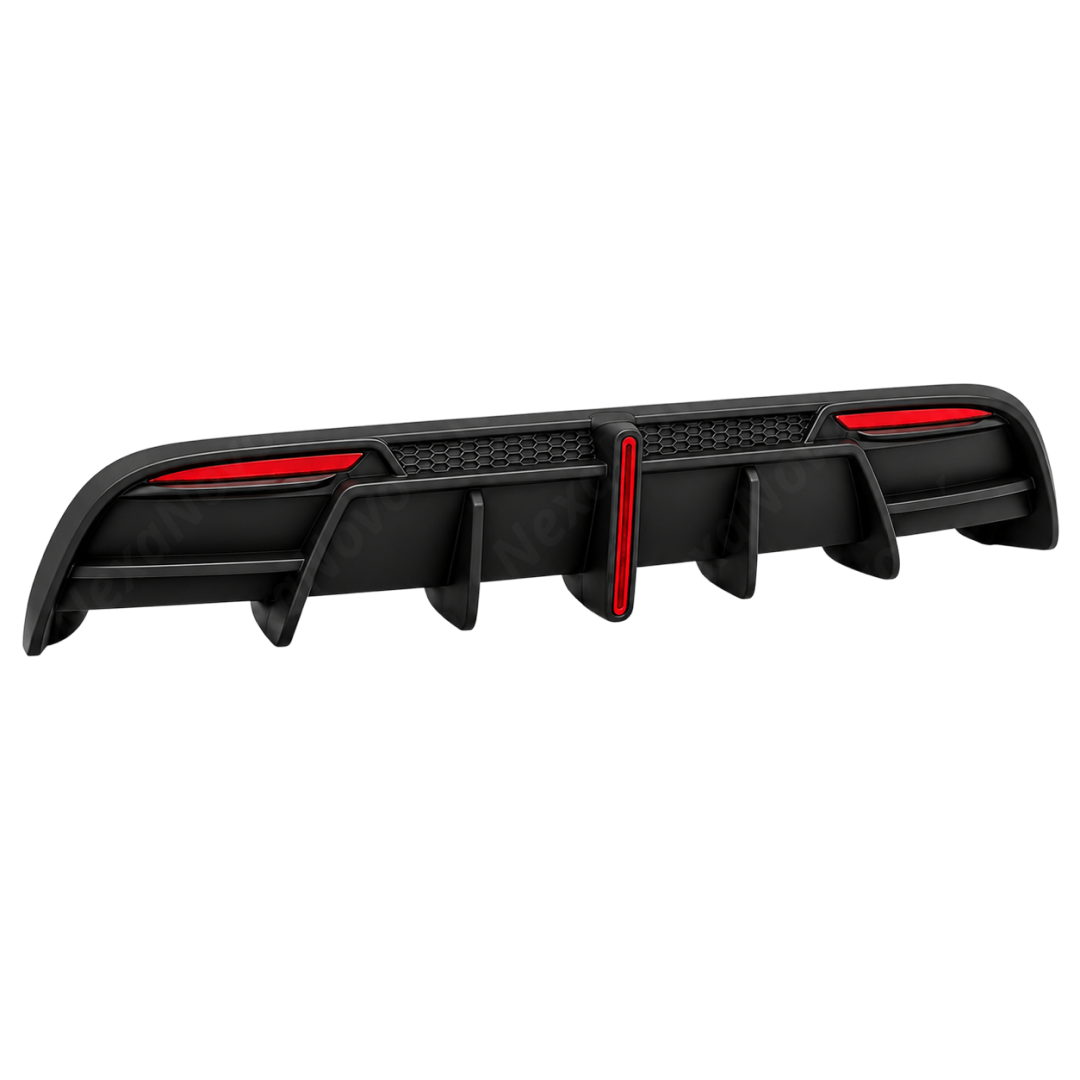 Detailed close-up of the mirror-finish gloss black clear coat on the NexaNovo rear diffuser panel