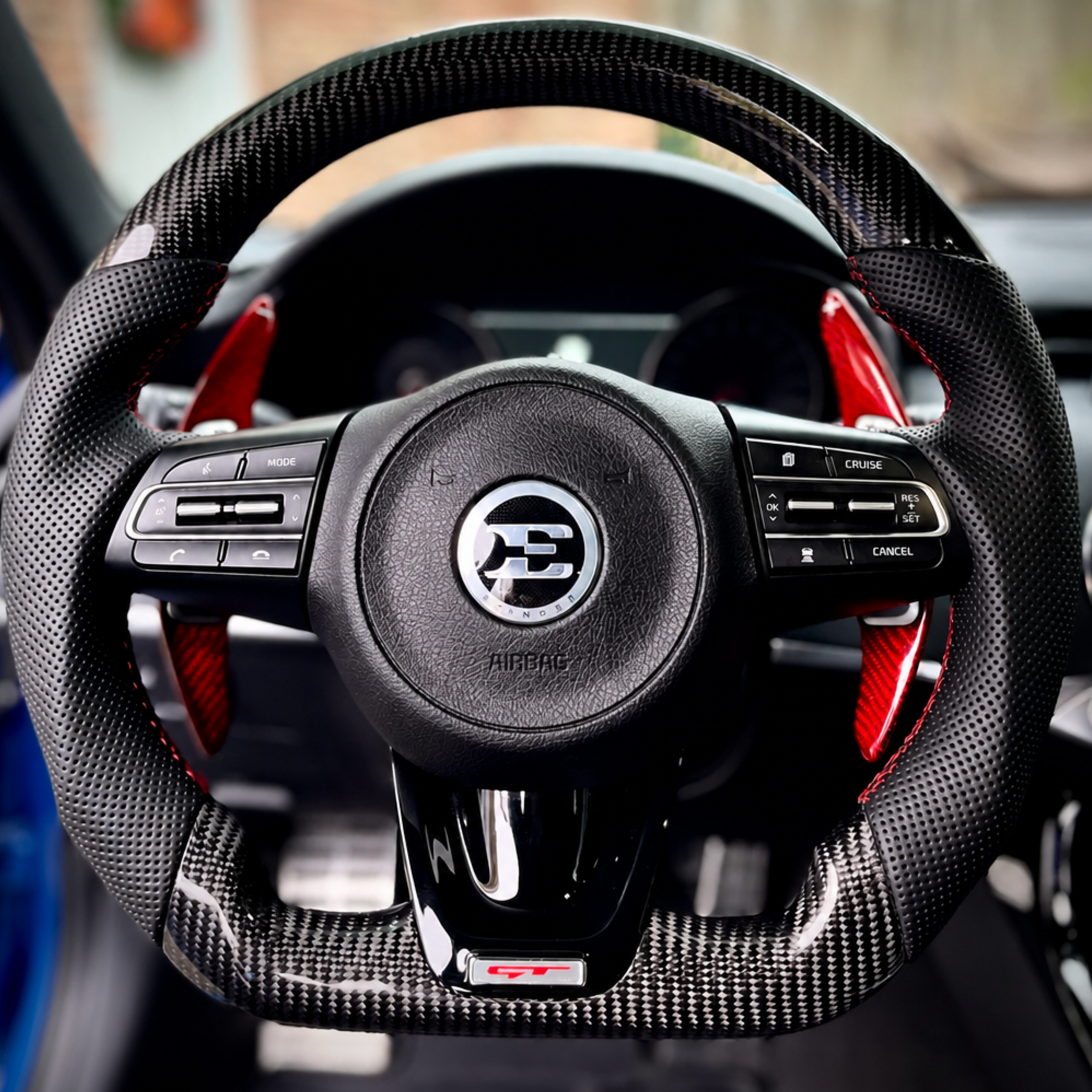 2018-2023 Kia Stinger Carbon Fiber Steering Wheel – Perforated Leather Grip / Red Stripe