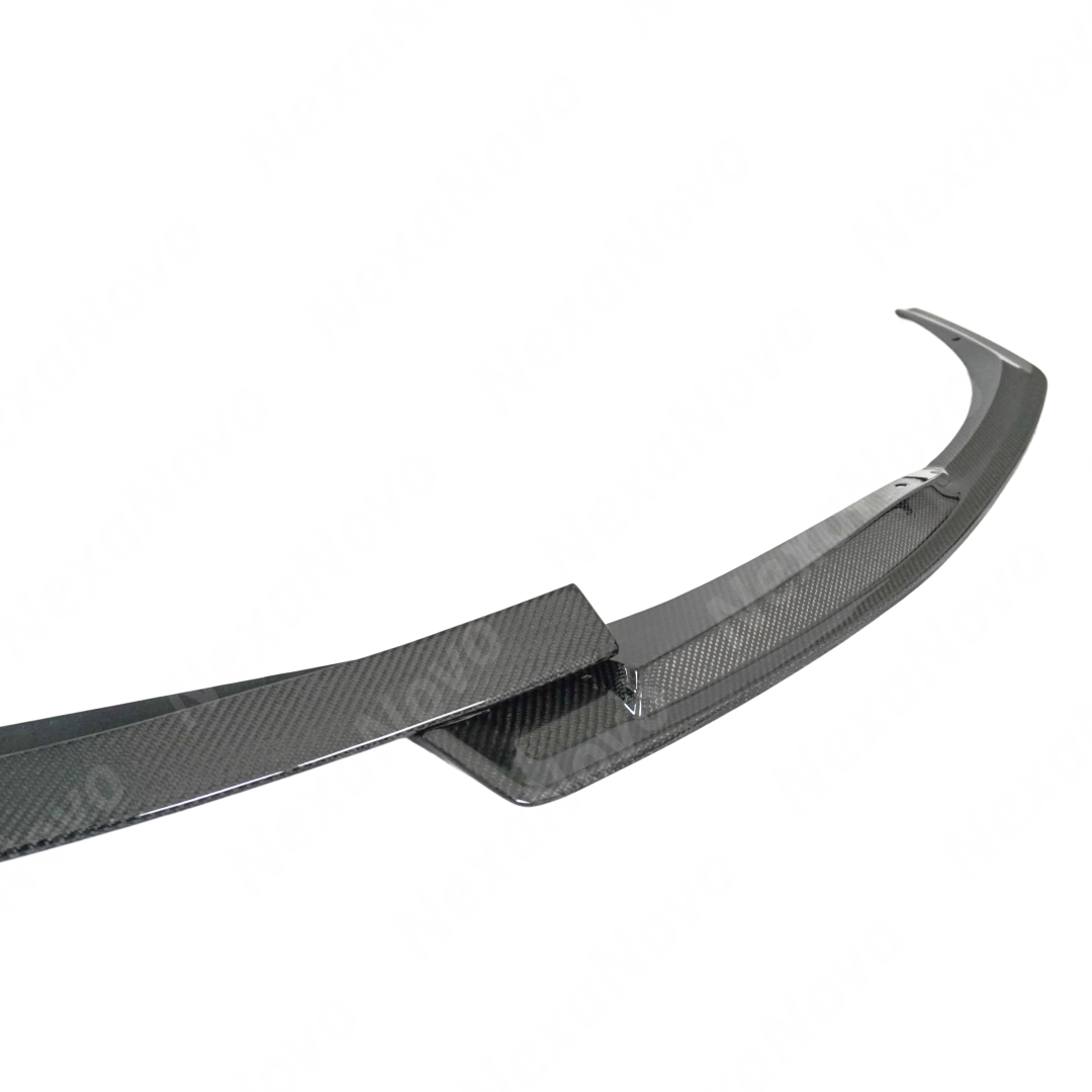 Uninstalled NexaNovo Type S style carbon fiber front splitter, top view