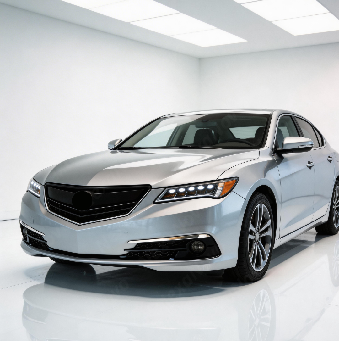 Acura TLX with new NexaNovo gloss black grille parked in a professional detailing studio