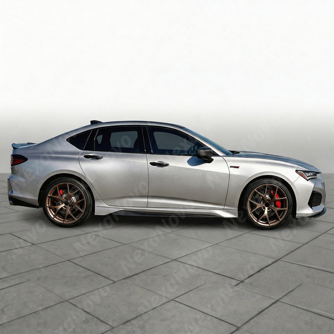 Precision fitment shot of the carbon side skirt along the Acura TLX chassis line