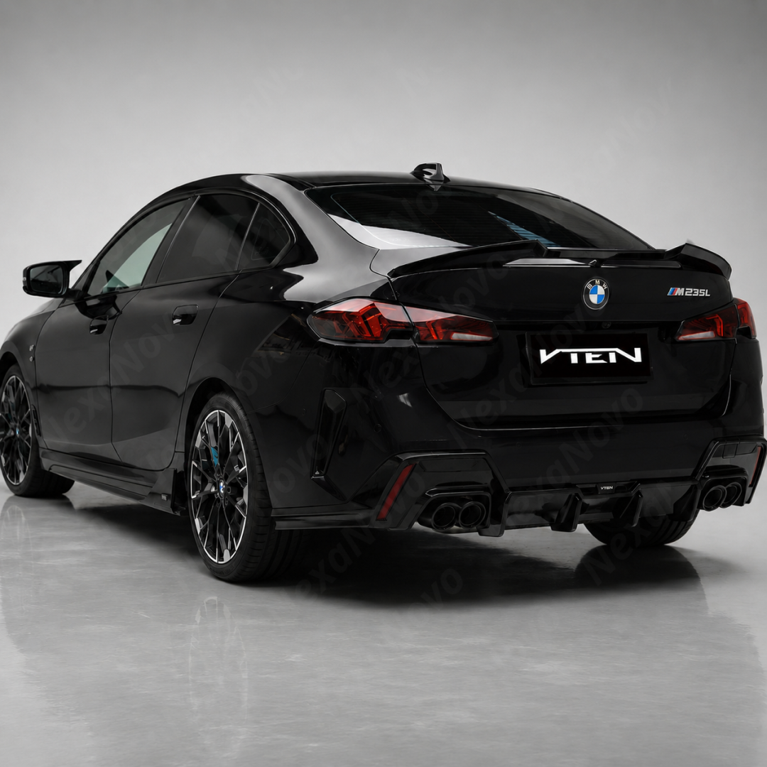 Direct rear view highlighting the elevated GT-style silhouette of the NexaNovo VTEN wing on the F74 trunk lid
