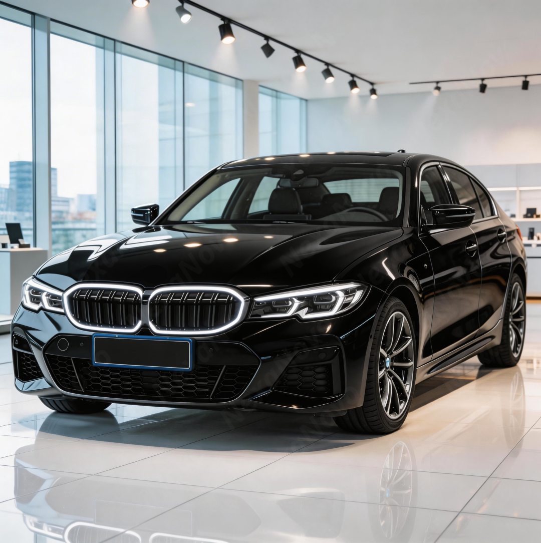 Direct front view of the NexaNovo LCI-style gloss black illuminated grille for 2023-2025 BMW 3 Series